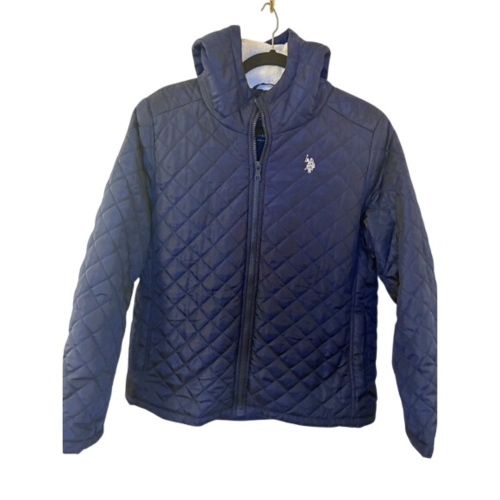 US Polo Assn Navy Blue Quilted Puffer Jacket Sherpa Lined Hood XL